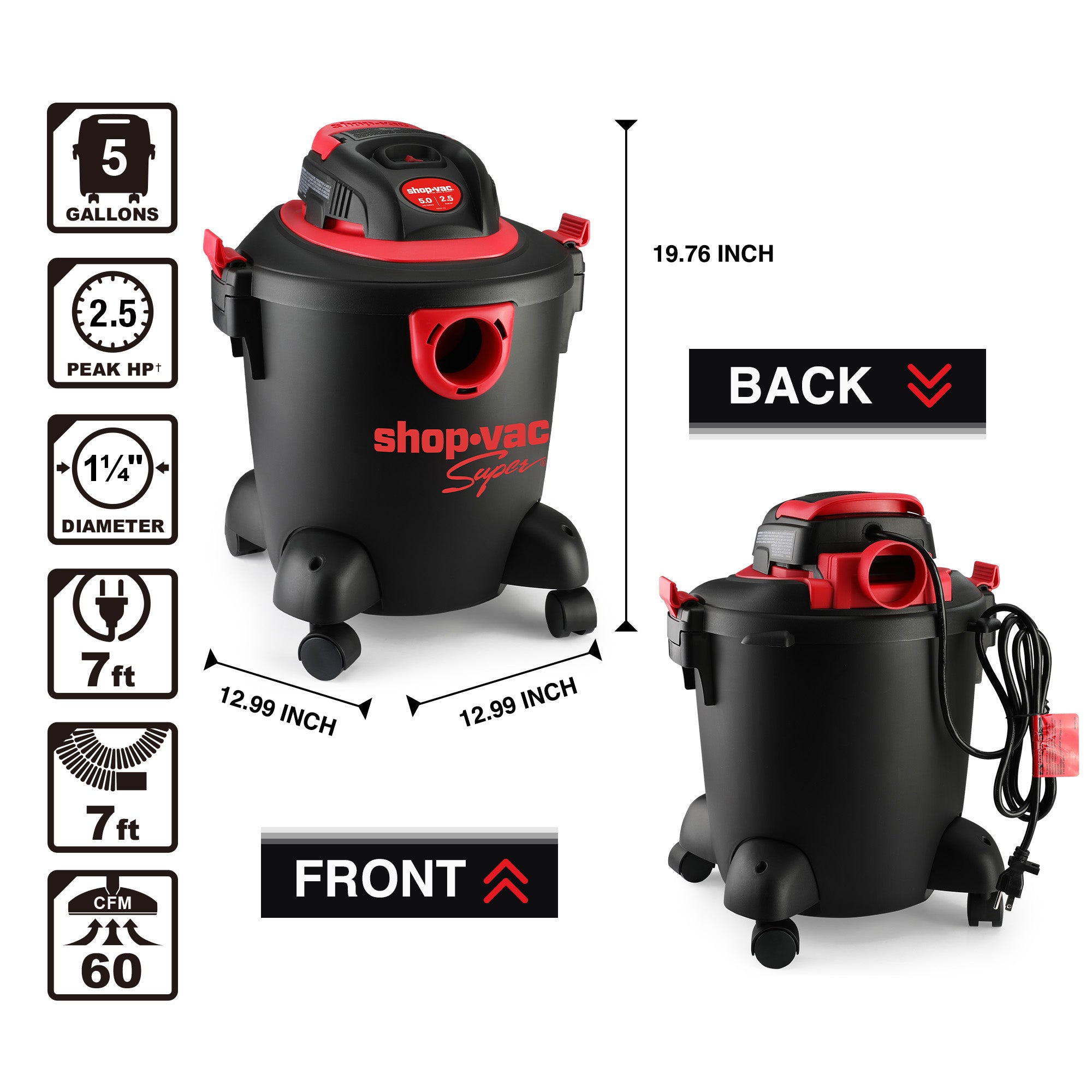 Shop-Vac® 5 Gallon 2.5 Peak HP Wet/Dry Vac - Image 3