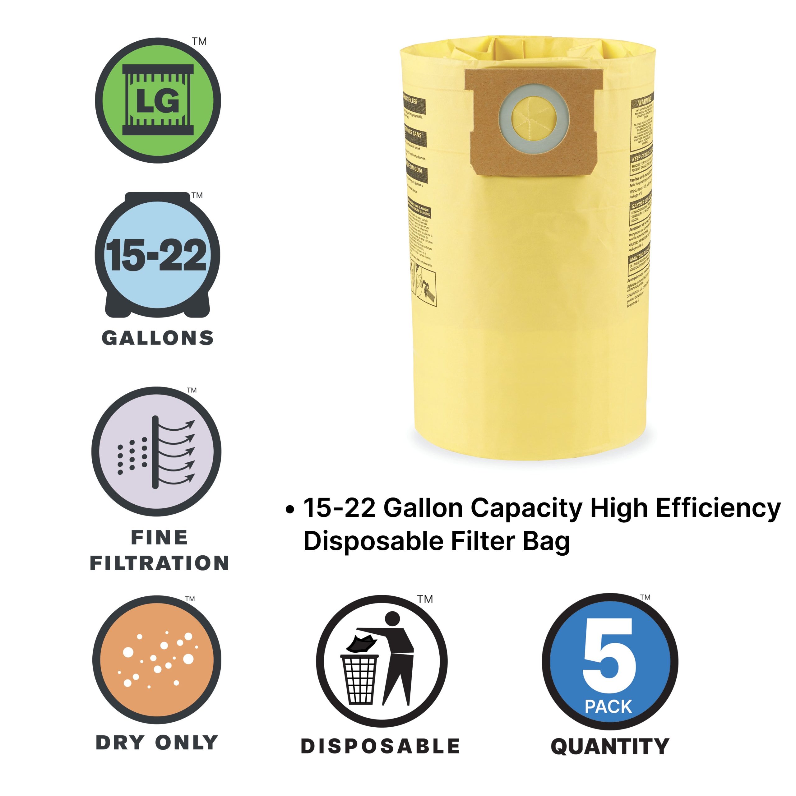 Shop-Vac® 15-22 Gallon High Efficiency Disposable Filter Bags (5 pack) - Image 2